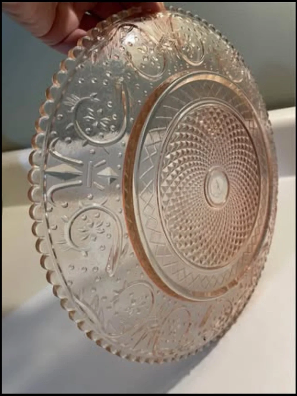 30's pink pressed glass plate from the Tiara Glass Sandwich Pink Collection